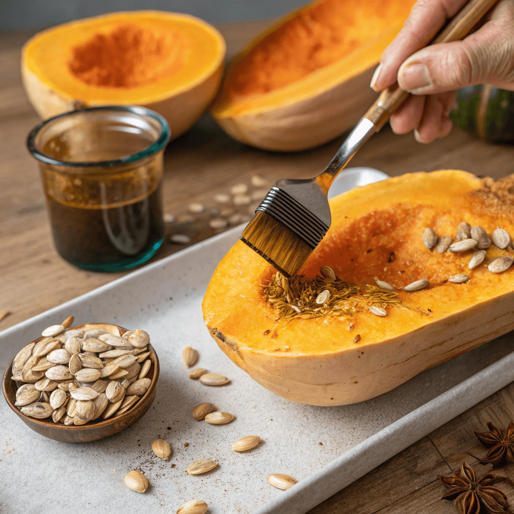 ultra-close-up view of a spoon removing seeds from the halved squash, with another hand holding a small brush applying olive oil. Fine seasoning granules are visible on the golden flesh.