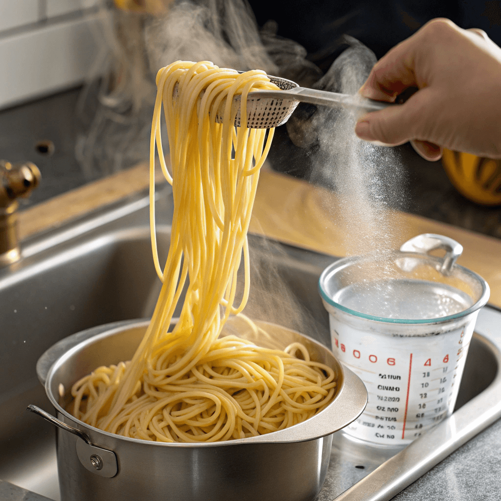 ultra-close-up view of al dente spaghetti noodles being drained over a sink, with steam rising. A hand sets aside a measuring cup with reserved pasta water. The noodles have a firm, golden hue, ready to soak in flavor.