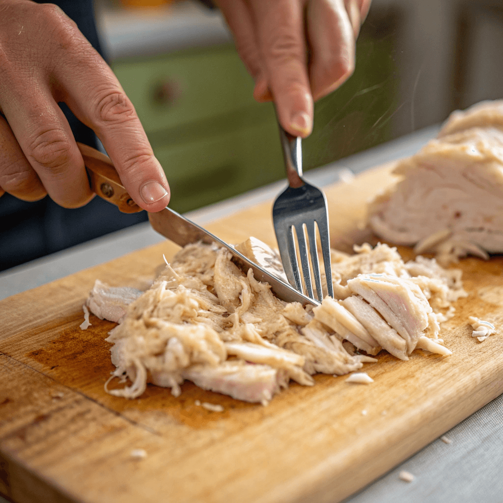 ultra-close-up view of hands shredding chicken with two forks on a wooden cutting board. The chicken is visibly moist and steamy. The image is cropped tightly, highlighting the fibrous texture of the chicken under natural lighting with a blurred background.
