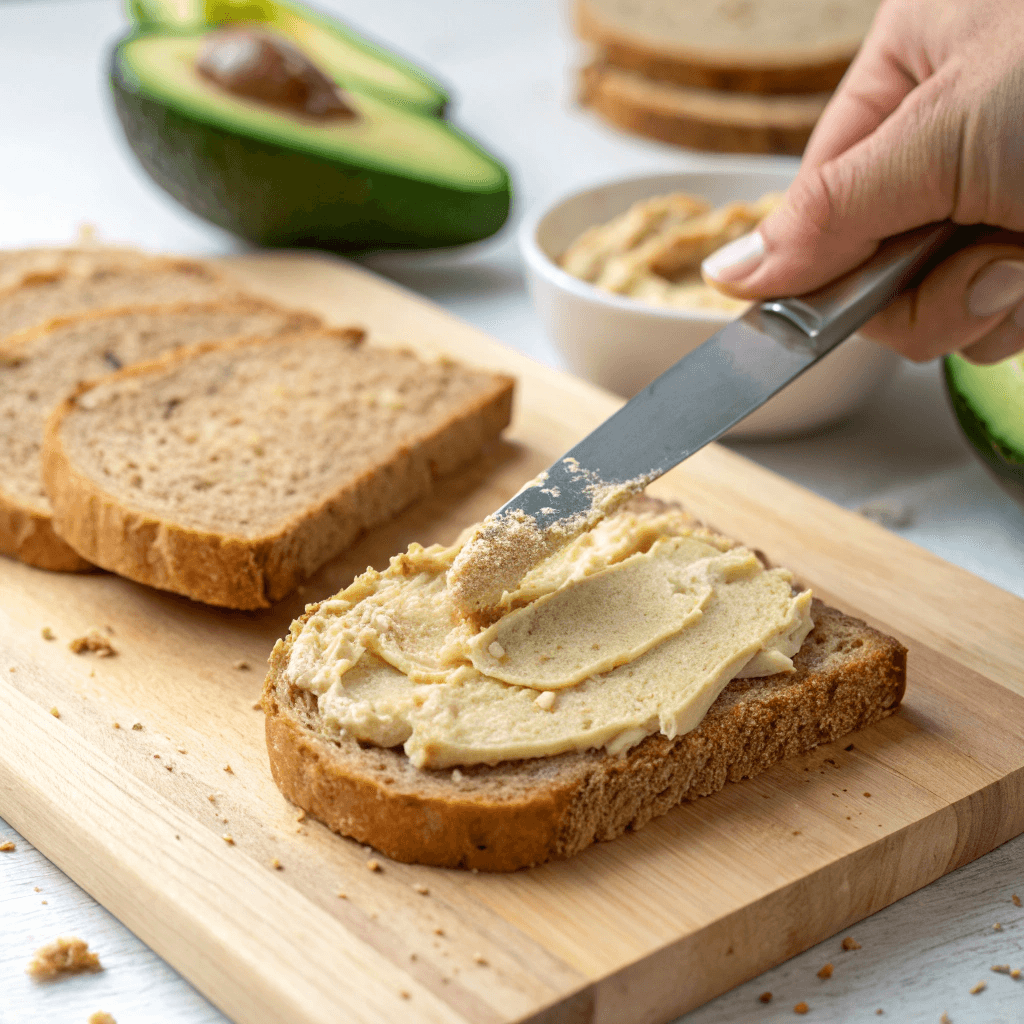 ultra-close-up view of hummus being evenly spread on a slice of whole-grain bread and mashed avocado being applied on the second slice. The scene is presented on a clean wooden cutting board with natural window light enhancing the creamy texture of the spreads. A hand is shown holding a butter knife for precise spreading.