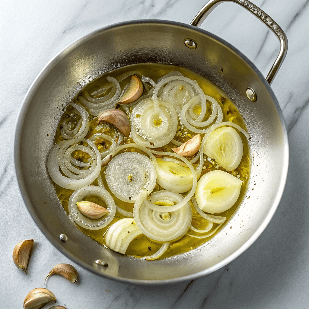ultra-close-up view of onions and garlic sizzling in olive oil in a wide stainless steel skillet on a white marble countertop. Bright lighting emphasizes the glistening olive oil and the translucency of the onions as they begin to soften.