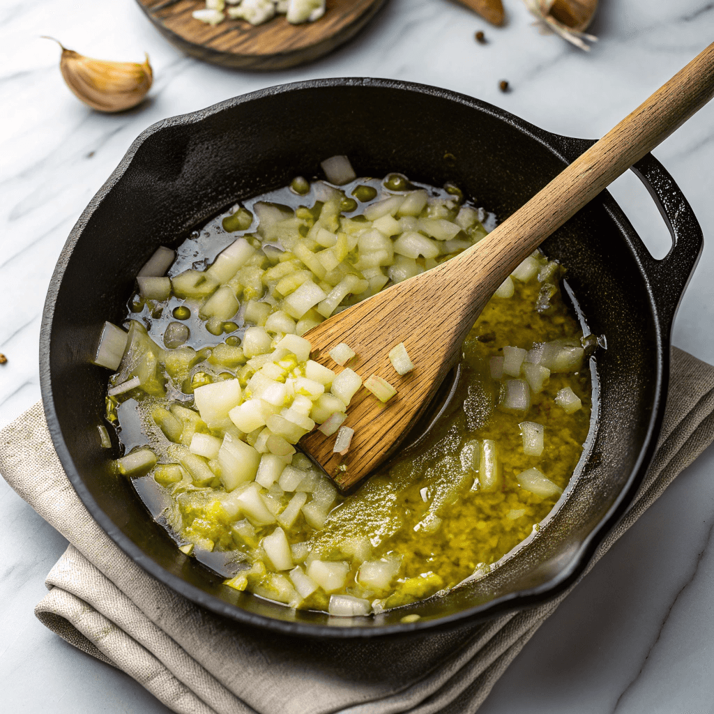 ultra-close-up view of onions and garlic sizzling in golden olive oil inside a cast-iron skillet on a white marble countertop. The diced onion is softening, with steam gently rising. A wooden spatula stirs the mixture while natural light highlights the glossy texture of the oil.