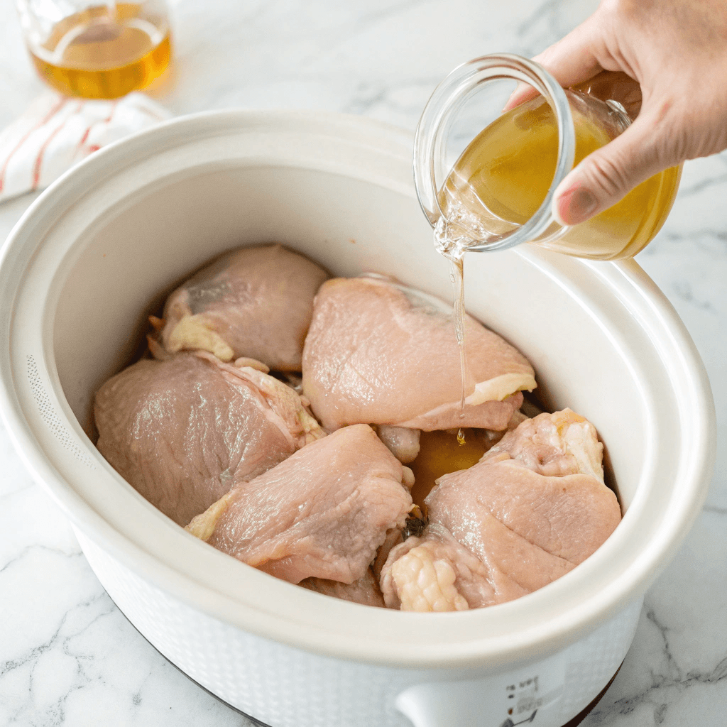 ultra-close-up view of raw chicken thighs placed in a white ceramic slow cooker insert on a marble countertop. A hand is shown pouring apple cider vinegar from a clear measuring cup. The lighting is bright and natural, highlighting the clean setup.