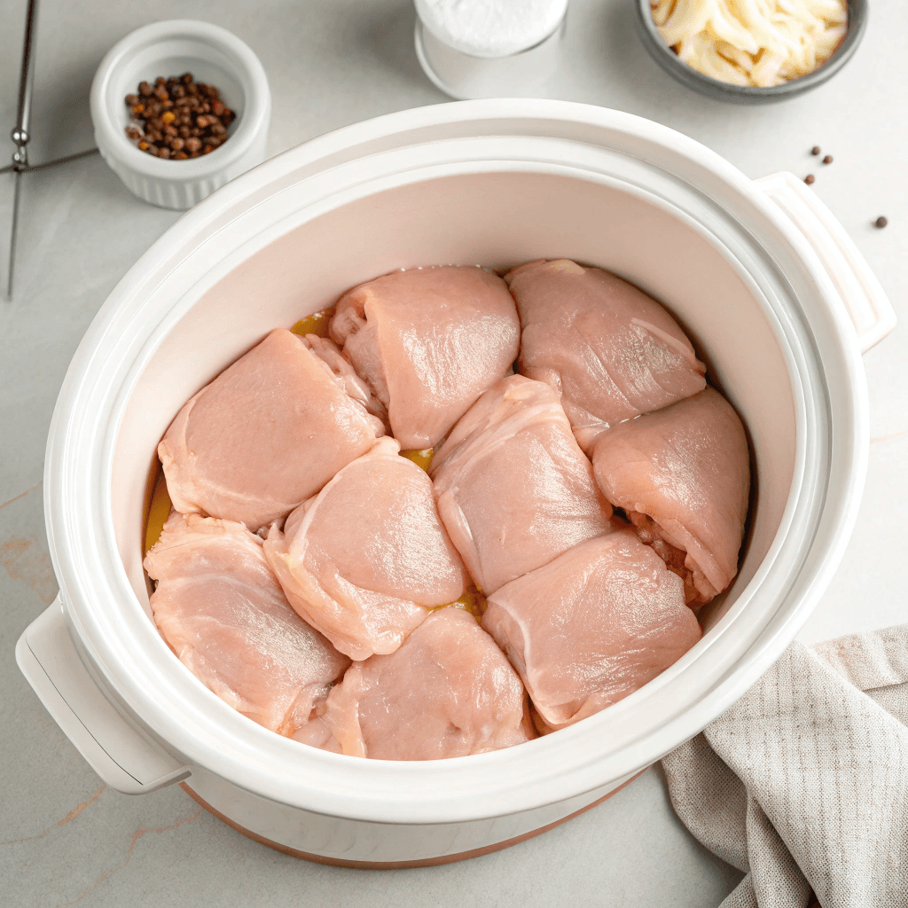 ultra-close-up view of raw chicken thighs placed evenly in a white ceramic slow cooker insert. The scene is shot from above on a clean kitchen counter with neutral lighting. The chicken’s smooth texture contrasts with the matte white ceramic of the insert. No additional tools or clutter are visible.