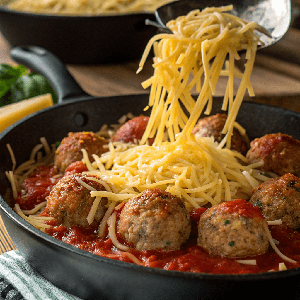 ultra-close-up view of shredded cheese cascading onto the pasta, covering the turkey meatballs. The skillet is full and colorful—bright red sauce, golden cheese, and brown meatballs in perfect harmony. Lighting highlights the cheese texture before baking.