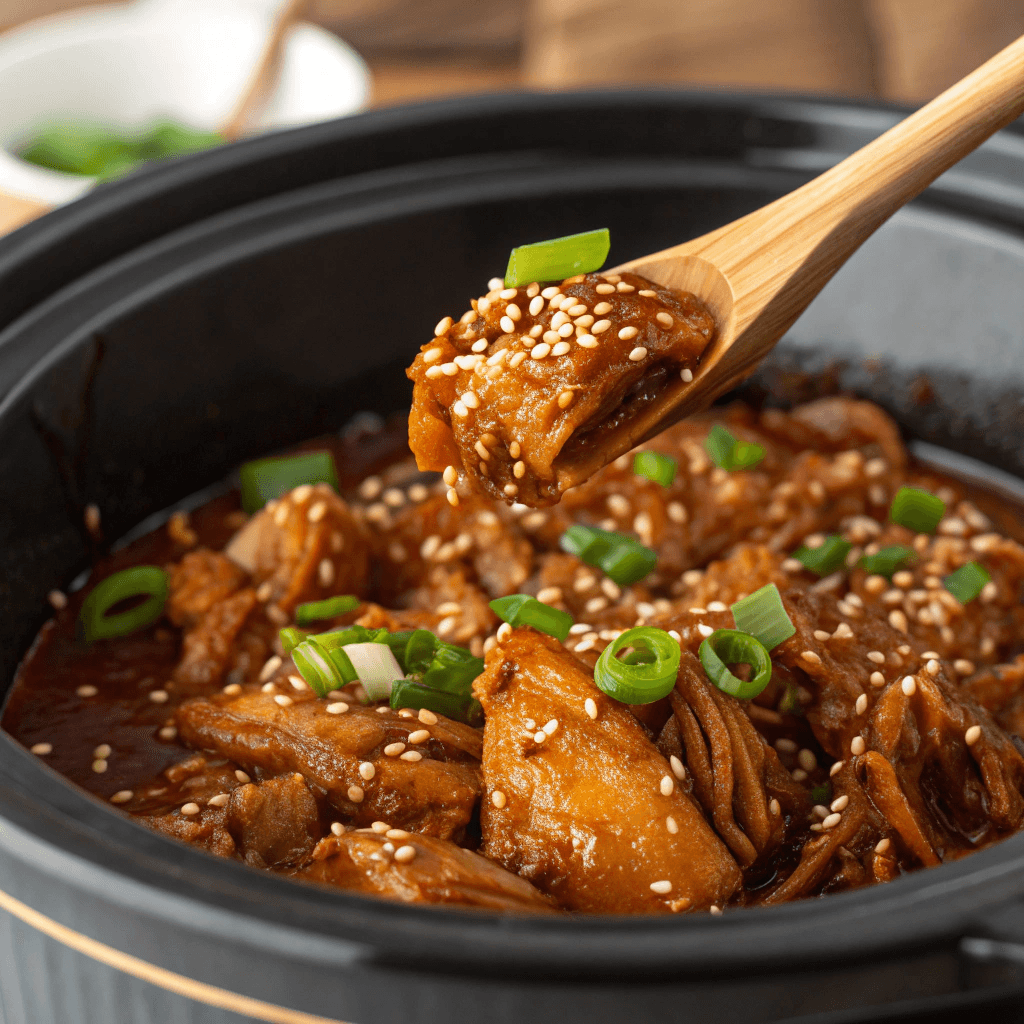 ultra-close-up view of shredded chicken being stirred into thick sauce in the slow cooker. Chicken appears glossy and well-coated. Topped with sesame seeds and green onions. Background softly blurred, keeping focus on texture.