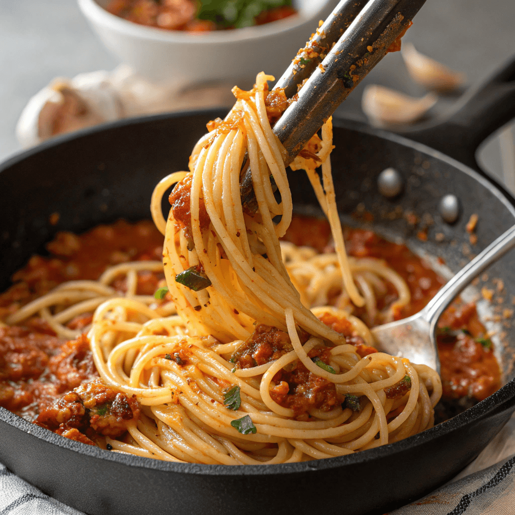 ultra-close-up view of spaghetti being mixed into the sauce inside the skillet. A pair of tongs is twirling the noodles, ensuring even coating. The sauce clings to each strand, with hints of garlic and onion visible.
