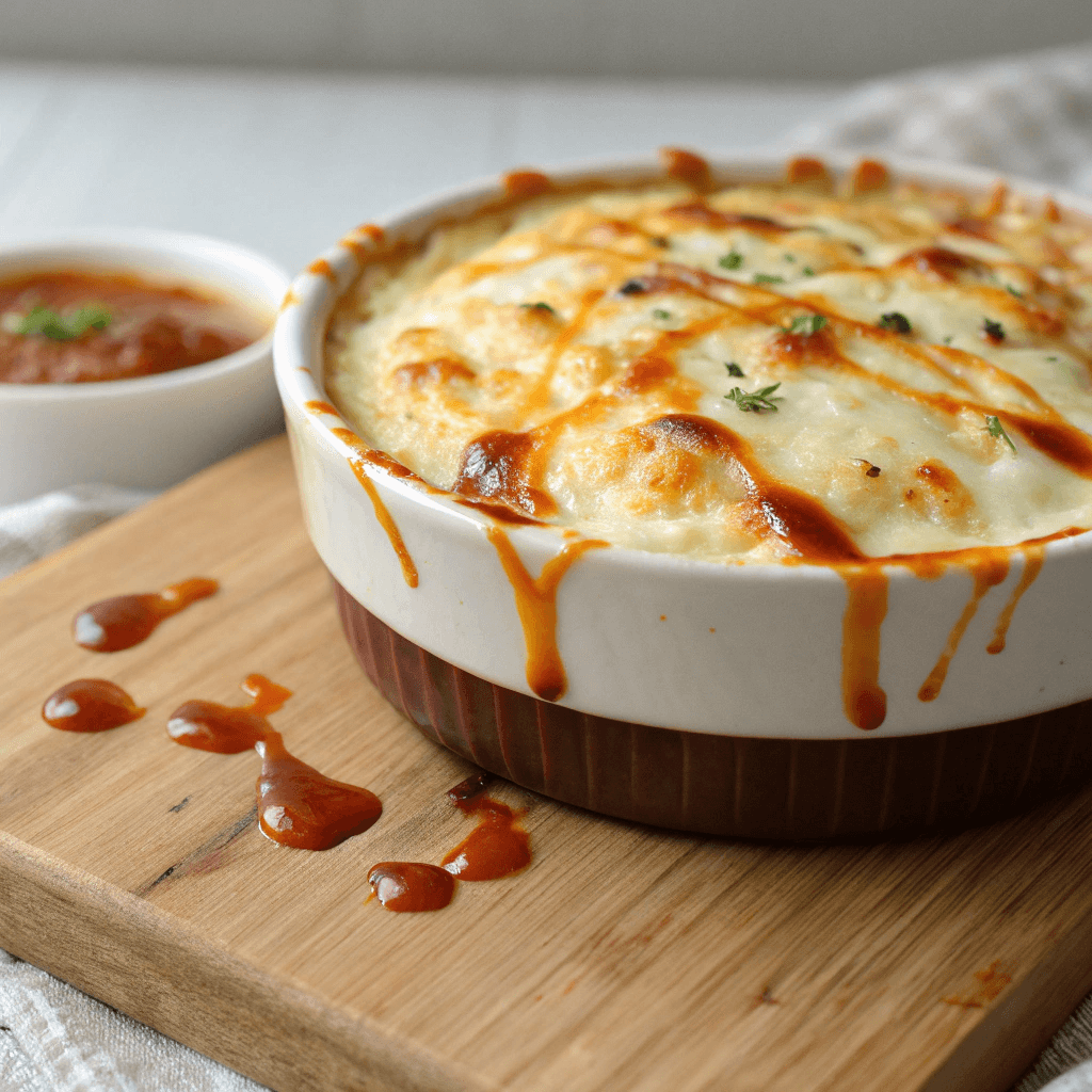 ultra-close-up view of the baked dip just removed from the oven, showing bubbling cheese and a light char on top. A thin drizzle of buffalo sauce adds gloss, while the edges of the dish show slight crisping. Presented on a plain wooden board for rustic contrast.