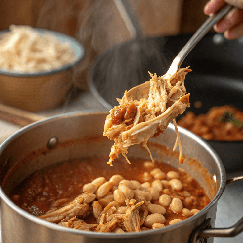 ultra-close-up view of the shredded chicken being stirred into the chili. A spoonful of creamy white beans is mid-air above the pot. The steam from the pot gives a cozy, fresh-cooked vibe with a softly blurred kitchen backsplash in the background.