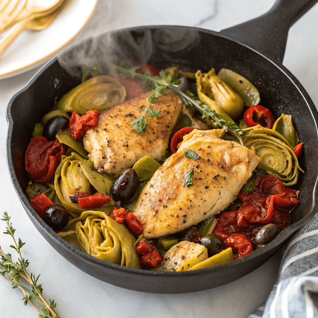 ultra-close-up view of the skillet now filled with colorful ingredients—golden chicken, green artichokes, red sundried tomatoes, and black olives. Light steam rises, and herbs are visible on the surface. The image is shot overhead on a clean counter.