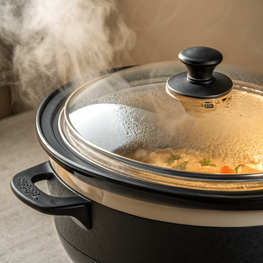 ultra-close-up view of the slow cooker sealed with a glass lid, light steam fogging the edges. The ceramic insert is partially visible, bathed in warm light. Background neutral with no distractions.