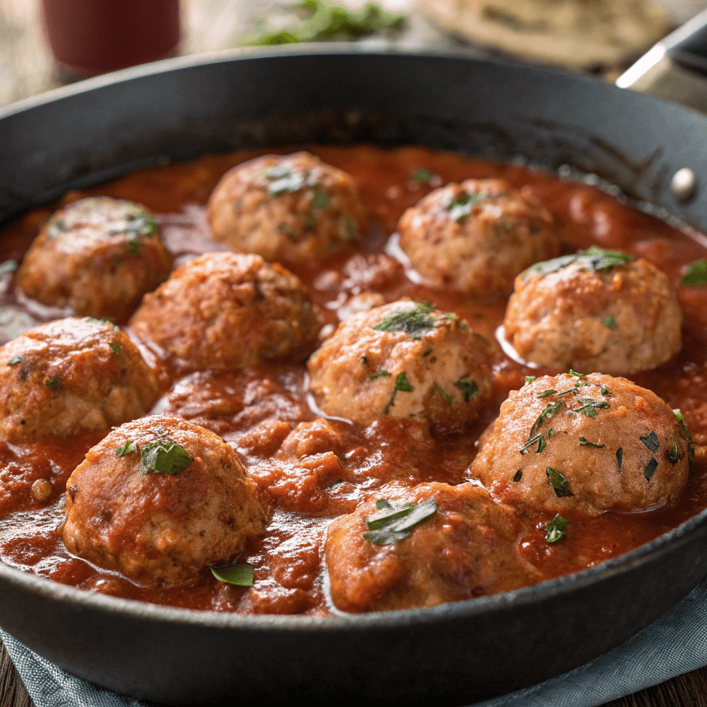 ultra-close-up view of turkey meatballs simmering in thick marinara sauce inside the skillet. Sauce bubbles softly around the edges. The meatballs are evenly coated, with flecks of Italian herbs visible. Natural lighting highlights the glossy sheen of the sauce.
